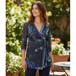 Sweet Pea Floral Fine Mesh Surplice Top Sz S #224D